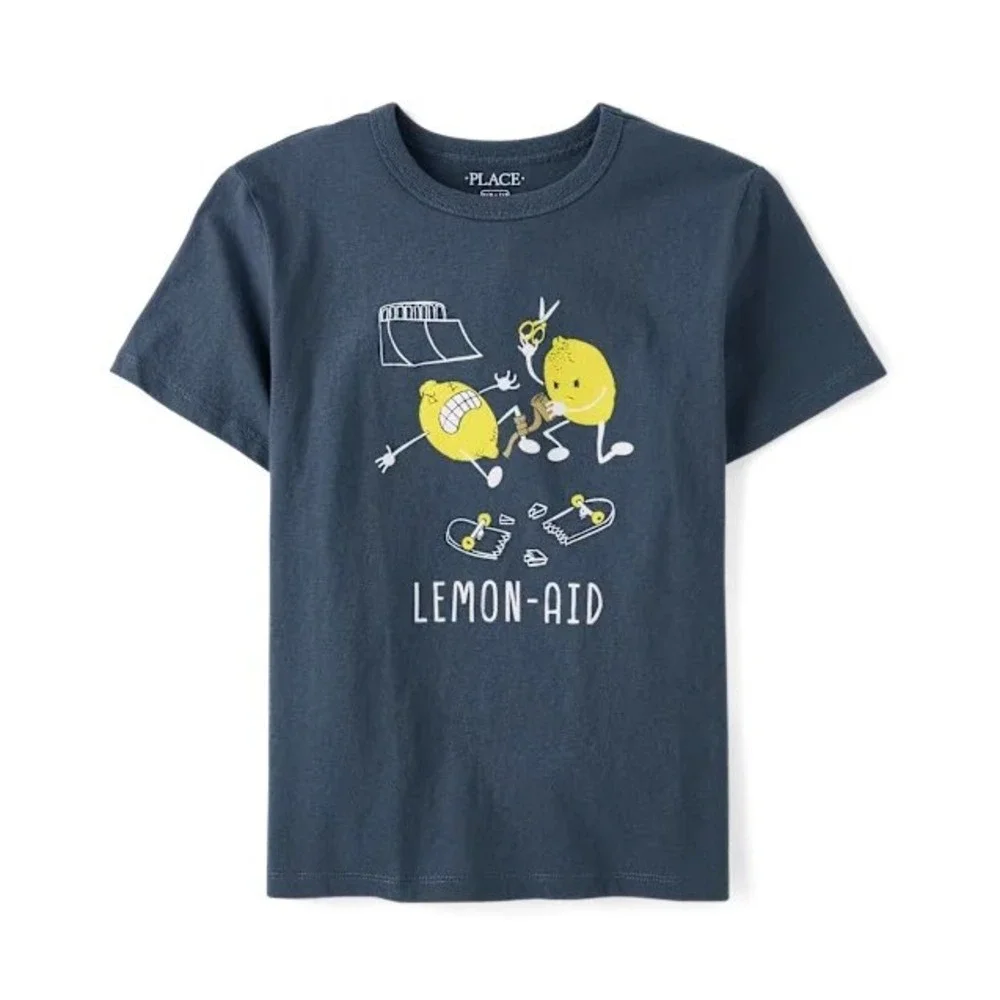 The Childrens Place Boys Lemon-Aid Graphic Tee Navy Blue Cotton Shirt